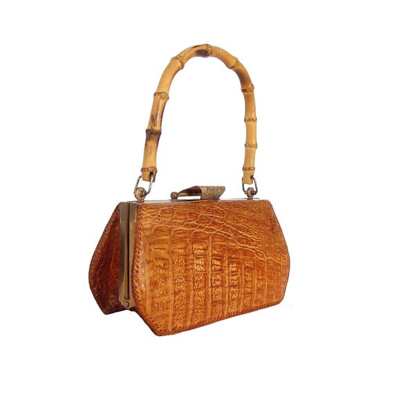 VINTAGE ALLIGATOR 40's 50's Bamboo Handle Kisslock Hardframe Mini Bag - Picture 3 of 12